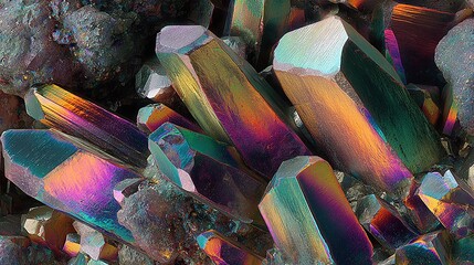 Rainbow iridescent crystals, mineral aggregation close-up with metallic hues