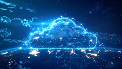 Digital cloud floats above a glowing Earth at night, connected by a network of glowing points and lines, suggesting data transfer