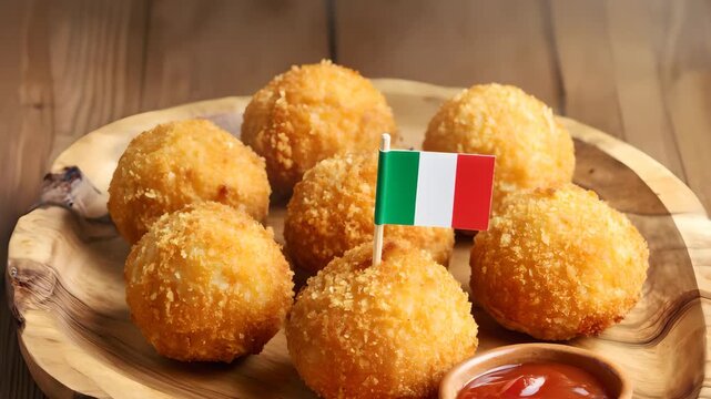 Close up of steaming Italian arancini fried rice balls with crispy golden crust on rustic wooden plate with tomato sauce and Italian flag, cinematic motion capturing authentic Mediterranean street foo