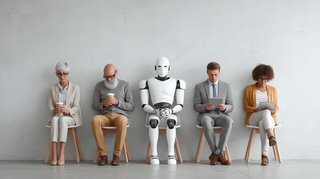 Humanoid robot integrating with business professionals, waiting and engaging digital devices during job interview preparation in minimalist white walled space