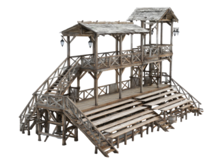 Wooden tiered stadium structure, multiple levels, weathered wood