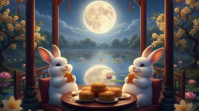 Two adorable white rabbits celebrate the Chinese  mid autumn festival with mooncakes