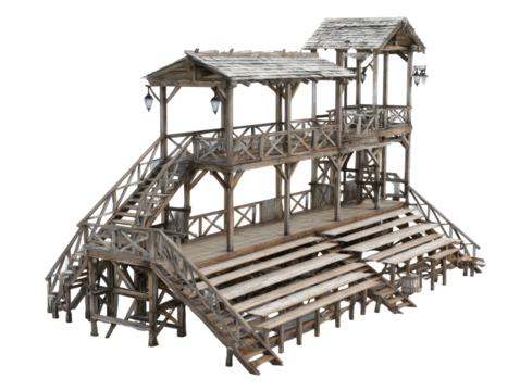 Wooden tiered stadium structure, multiple levels, weathered wood