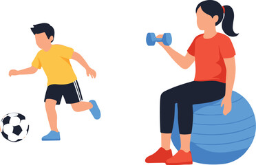 Fitness exercise illustration, boy playing soccer, girl lifting dumbbell, healthy lifestyle vector, workout training design, sports activity flat artwork