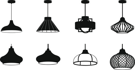 Modern pendant lamp silhouettes, ceiling light fixture collection, decorative interior lighting design, stylish home illumination, contemporary chandelier alternatives, black vector illustration