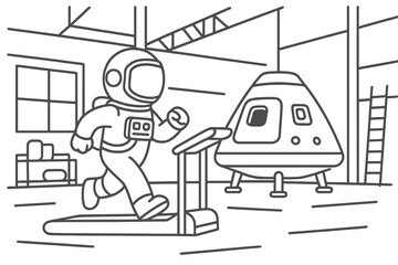 Astronaut runs on treadmill in training center. Spaceman workout for space mission. Cosmonaut fitness preparation. Space capsule in hangar. Vector line art cartoon.