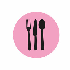 Simple silhouette of silverware on a pink circle background
