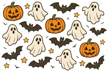 Seamless Halloween pattern with cute cartoon ghosts, spooky pumpkins, and bats. Vector collection of festive holiday characters for decor. Jack o'lantern, spirit, and star icons.