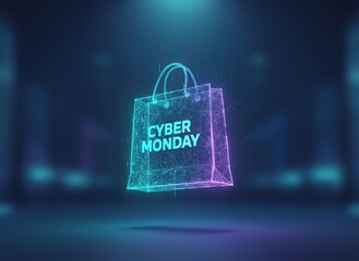 Glowing digital shopping bag with Cyber Monday text