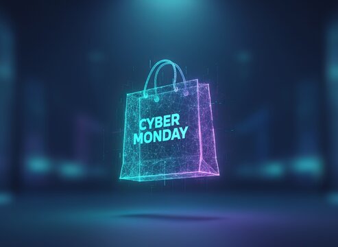Glowing digital shopping bag with Cyber Monday text