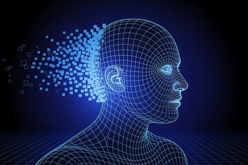 Obraz premium Digital representation of a human head depicting artificial intelligence and futuristic technology in neon blue gradients