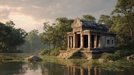 Ancient temple ruins by calm water. Forest backdrop, atmospheric. A timeless, serene scene, filled with history and tranquility, lost in the jungle.