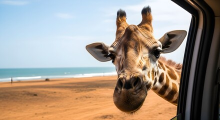 A curious giraffe leans out of a car window, gazing towards a sandy beach and the ocean under a bright blue sky. The scene captures a moment of wildlife interaction.