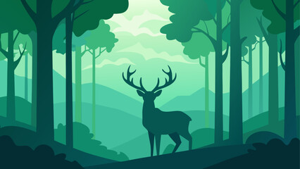 Silhouette of deer in a green forest scene
