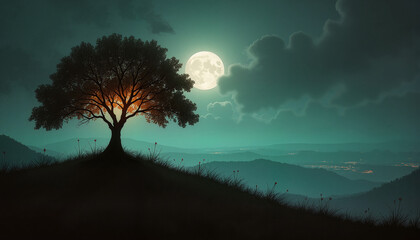 Fototapeta premium Solitary tree glows under the moonlight atop a hill