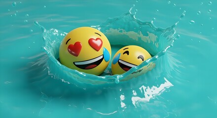 Two smiling emoji spheres, one with heart eyes, splash into turquoise liquid, creating a vibrant, playful, and colorful artwork that radiates joy, happiness, and love in a modern digital style.