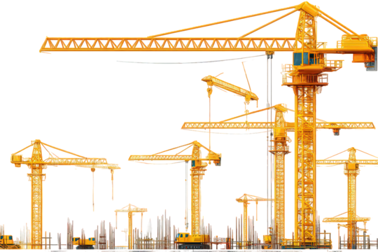 Yellow Construction Cranes Against Black Background