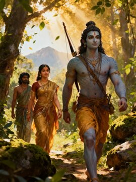 Lord rama, sita, and lakshmana walking through a forest on their exile journey