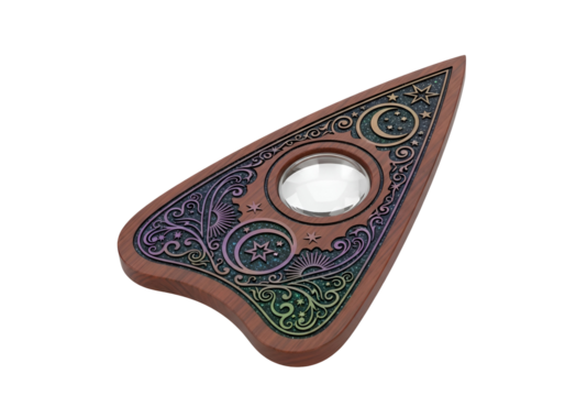 Ornate wooden planchette with detailed celestial carvings and a clear crystal lens, evoking a sense of mystery and ancient magic.