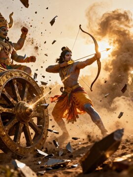 Lord rama in battle with bow and arrow, epic mythological scene