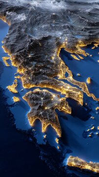 3D Map of Greece Highlighting Island Terrain and Illuminated City Zones at Night