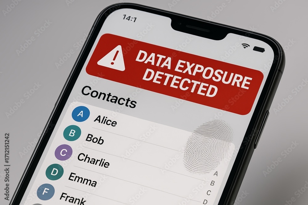 Poster smartphone screen displaying data exposure alert in macro view