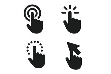 Click and tap silhouette icon set. Hand gesture collection for touchscreen and navigation. Finger press, pointer, and touch symbols for UI UX design. Vector graphic element.