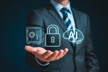 Businessman holding digital icons representing artificial intelligence data security and privacy protection