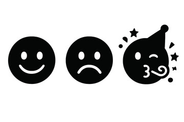 Vector emoji silhouette icon set with smiley, sad, and party moods. Fun cartoon expressions for graphic design. Happy and unhappy face symbols for emotional feedback concept.
