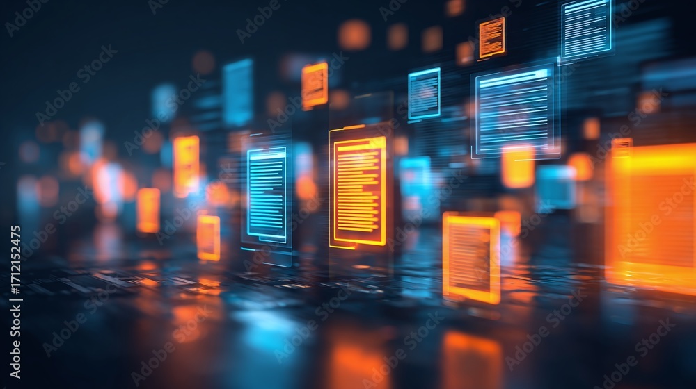 Aufkleber digital documents floating in a cyberspace environment, illuminated in blue and orange hues, suggest