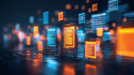 Digital documents floating in a cyberspace environment, illuminated in blue and orange hues, suggesting information technology and data management.