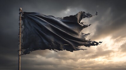 A severely tattered and distressed black flag, ravaged by time and elements, waves ominously against a dramatic, stormy sky, symbolizing defiance, despair, and a forgotten struggle