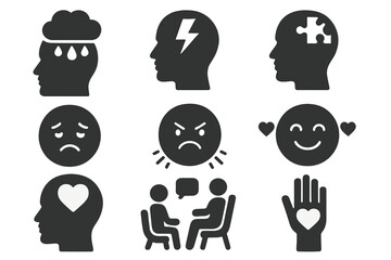 Mental health solid icon set. Psychology, therapy and emotions symbols. Depression, anxiety, stress, anger, love icons. Mind, brain, puzzle, support and counseling concepts.