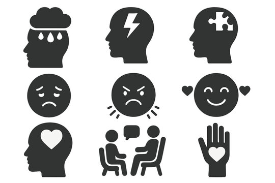 Mental health solid icon set. Psychology, therapy and emotions symbols. Depression, anxiety, stress, anger, love icons. Mind, brain, puzzle, support and counseling concepts.