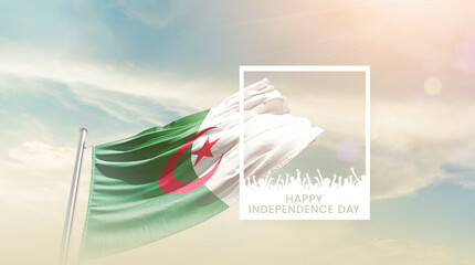 Algeria flag waving proudly under a bright sky with text happy independence day. Algeria national...