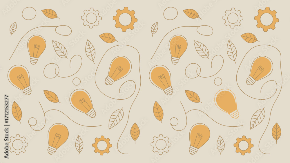 Poster a light beige background with lightbulbs leaves gears and swirling lines in a repeating pattern desi