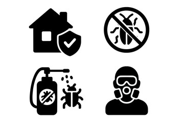 Pest control solid icon set. Home protection, safety, and insect prevention. Exterminator, fumigation, disinfection service. Bug sprayer, anti-cockroach sign. Glyph vector.