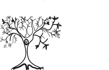 A black-and-white abstract tree illustration with twisting branches, expressive linework, and a face-like trunk. Whimsical and surreal, ideal for fantasy, nature, or conceptual art themes.
