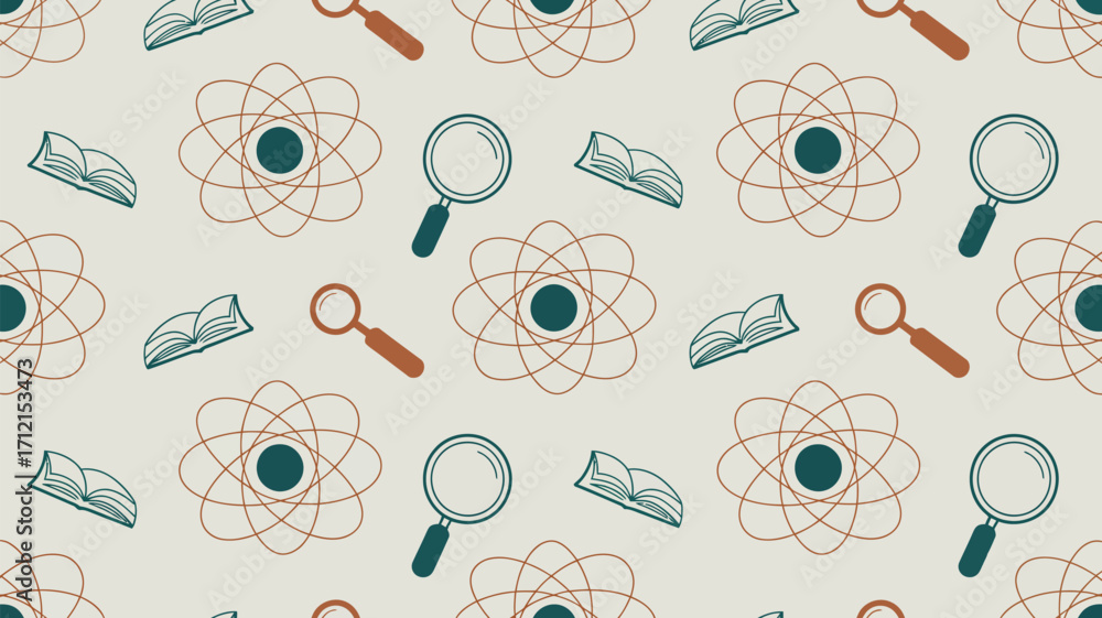 Poster seamless pattern featuring science icons like atoms books and magnifying glasses on a light backgrou