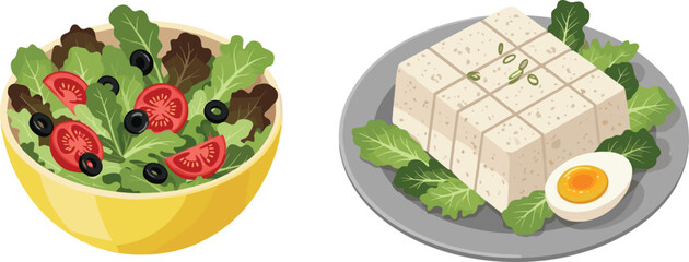 Fresh vegetable salad with tomato, olives, tofu with boiled egg, healthy vegetarian meal, organic food, diet lunch, vegan dish option.