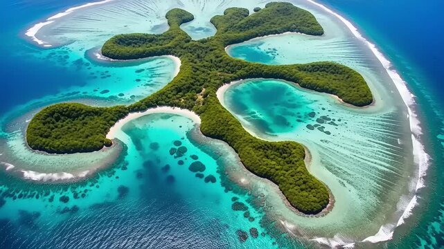 Aerial view of a unique island shaped like a starfish surrounded by turquoise waters and coral reefs
