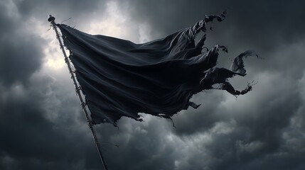 A tattered black flag, a somber symbol of defeat and despair, waves defiantly against a dark and stormy sky filled with ominous clouds