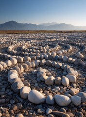 Stone spiral on a flat, open plain.  Mountains in the distance