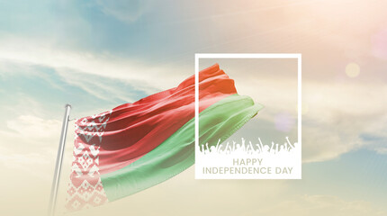 Belarus flag waving proudly under a bright sky with text happy independence day. Belarus national...