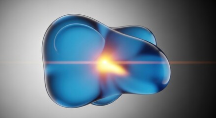 Abstract blue cell with a glowing core on a gradient background, representing scientific research and technological advancement