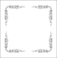 Black and white vegetal ornamental frame with leaves and flowers, field flowers, decorative border, corners. Isolated vector illustration.	
