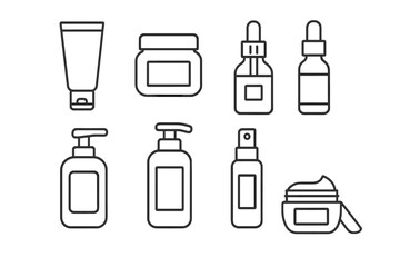 Skincare product outline icon set with creams, serums, masks linear style collection, vector cartoon illustration, transparent background, ordered cosmetic bottle and jar icons
