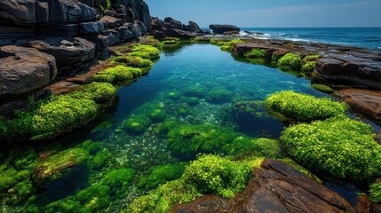 Clear tide pool on a rocky beach with mossy rocks and clear water showing the bottom under a bright sky on a sunny day