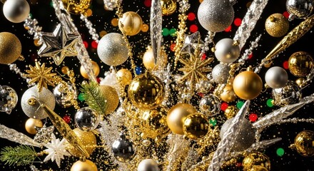 Dazzling explosion of gold and silver christmas ornaments against a black background, a festive display of holiday cheer and sparkle