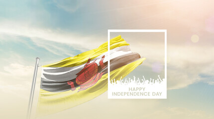 Brunei flag waving proudly under a bright sky with text happy independence day. Brunei national...